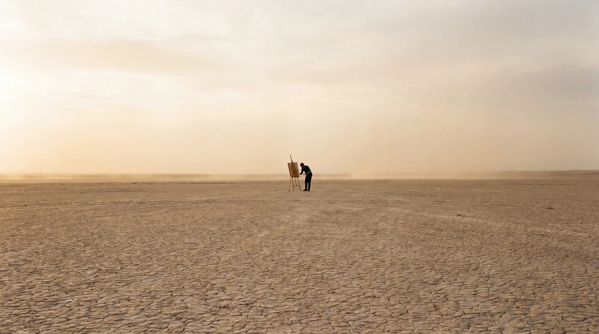 A lone figure painting in a vast dry-clay desert